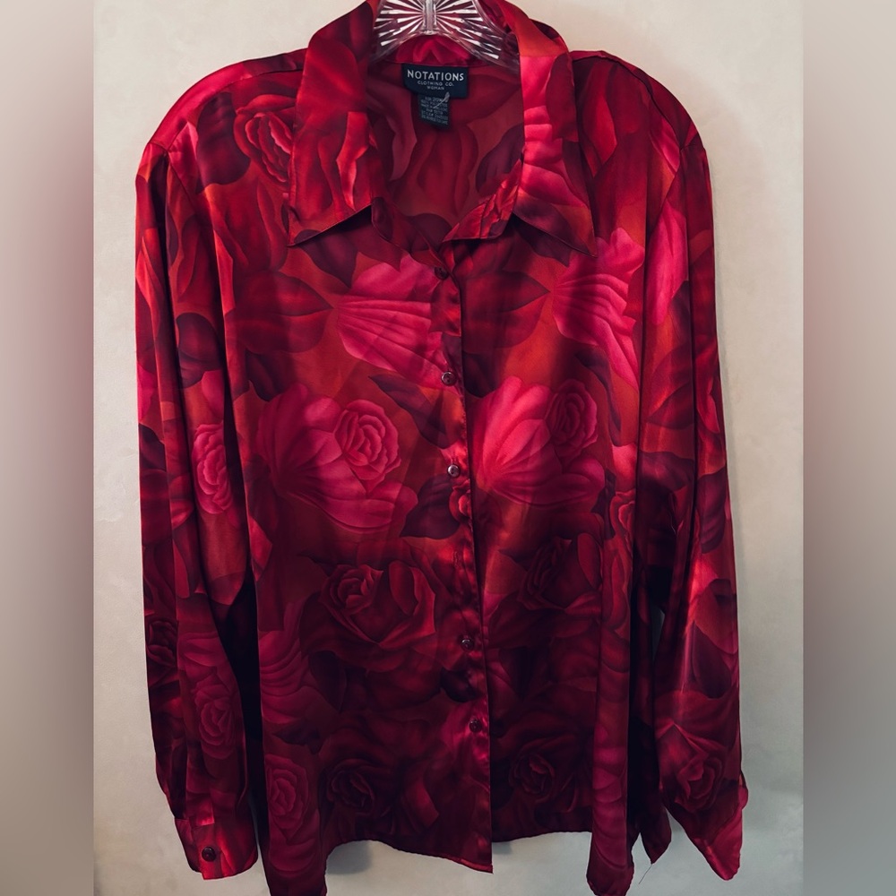 VTG Notations Clothing Co. Woman Red Rose Long Sleeve Split Hem Woman’s Blouse